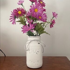 White Mason Jar Vase with Purple  Flowers